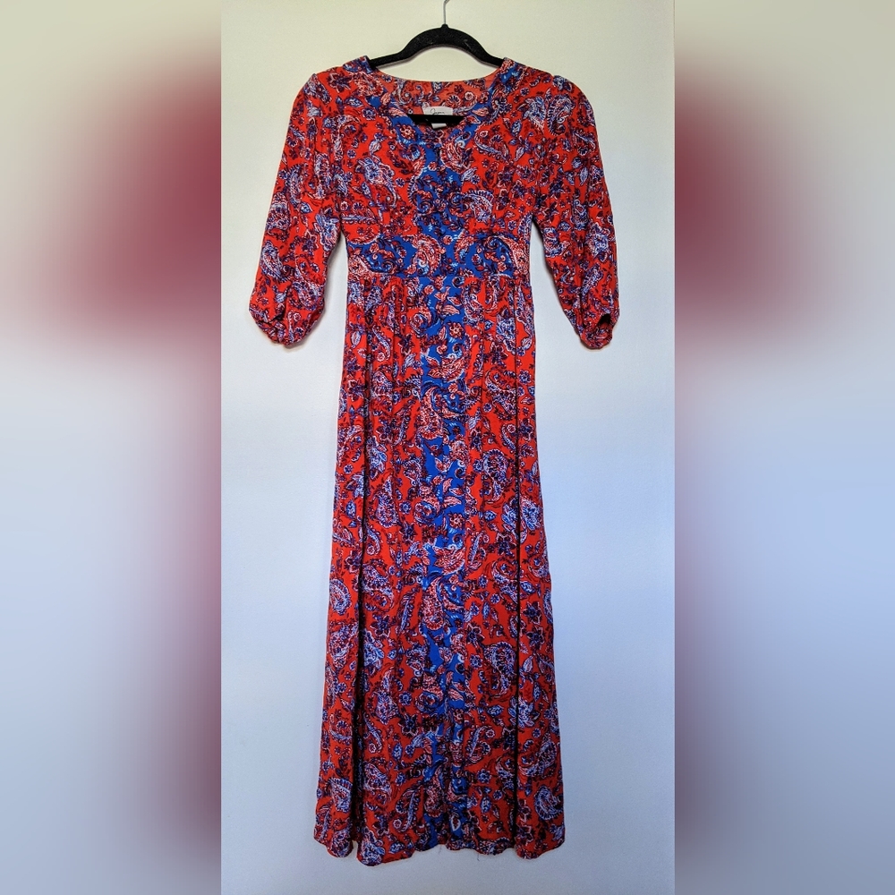 Japna Paisley Red and Blue Maxi Peasant Dress sz XS Western Festival